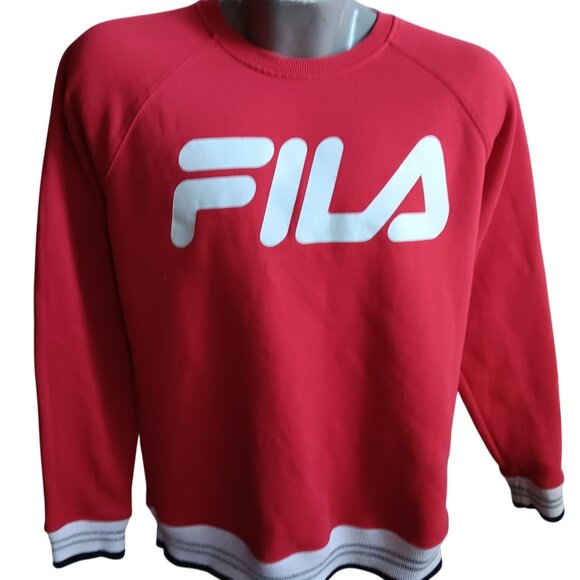 Fila Red Men's Crewneck Sweatshirt With Logo & Striped Cuffs Large - Picture 1 of 5